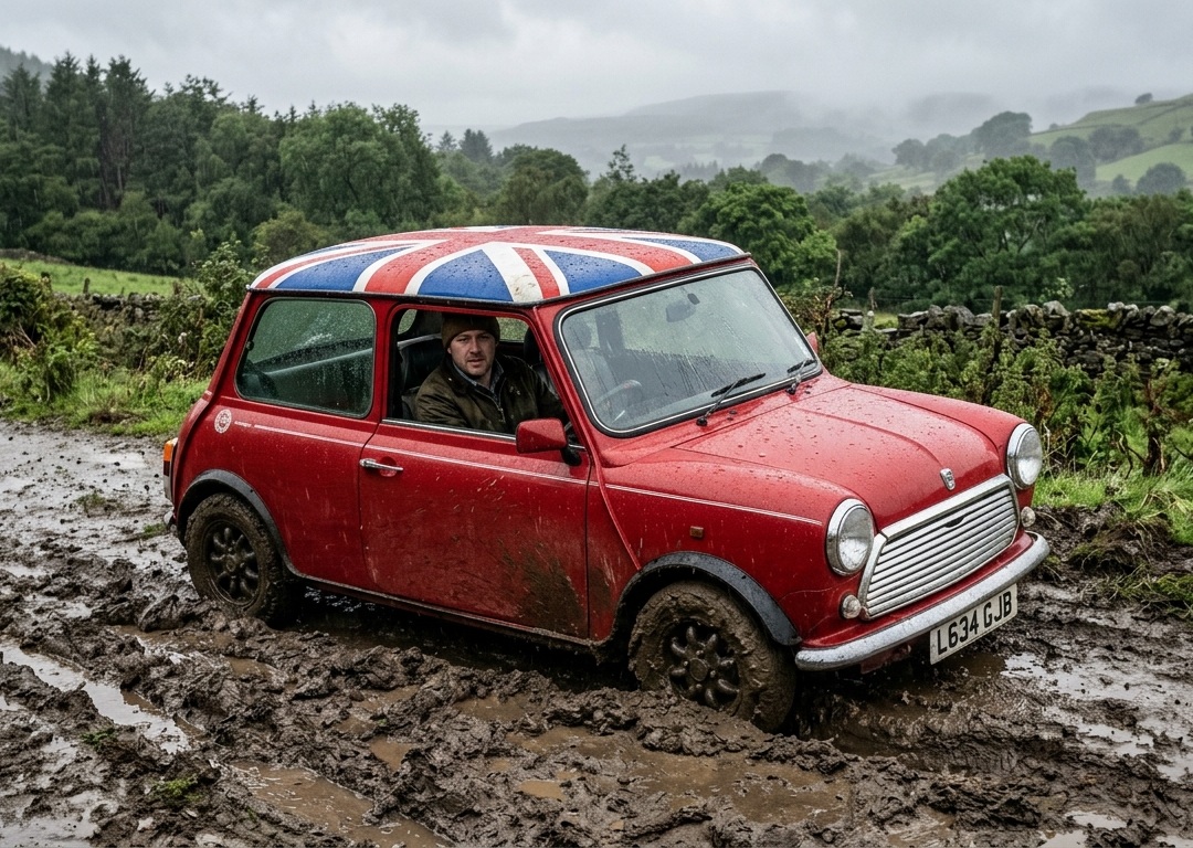 A Mini Cooper bogged down in mud
